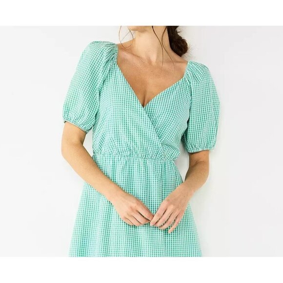 Women's Puff-Sleeve Surplice Dress gingham ruffle wrap front ruffle - Picture 5 of 7